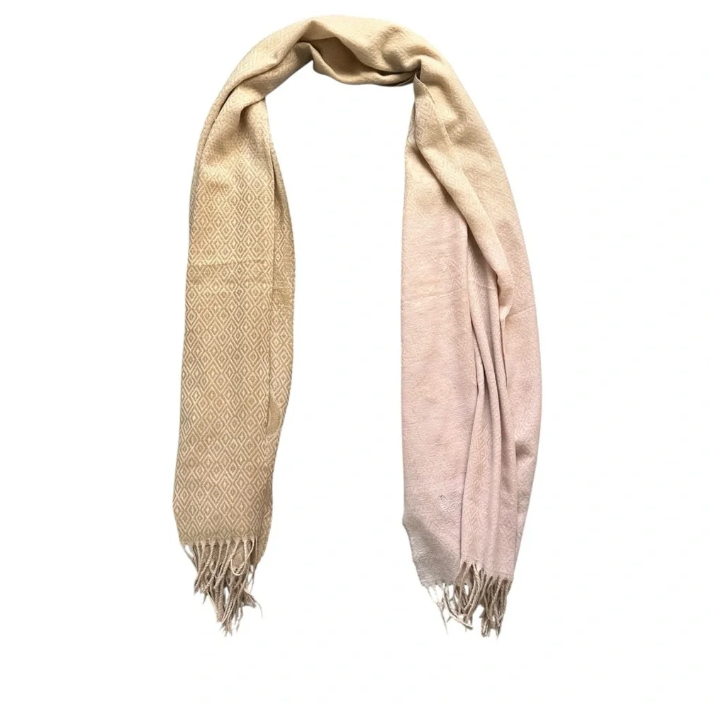 Cashmere Reversible Scarf Beige Tan Floral Jacquard Fringe Wrap